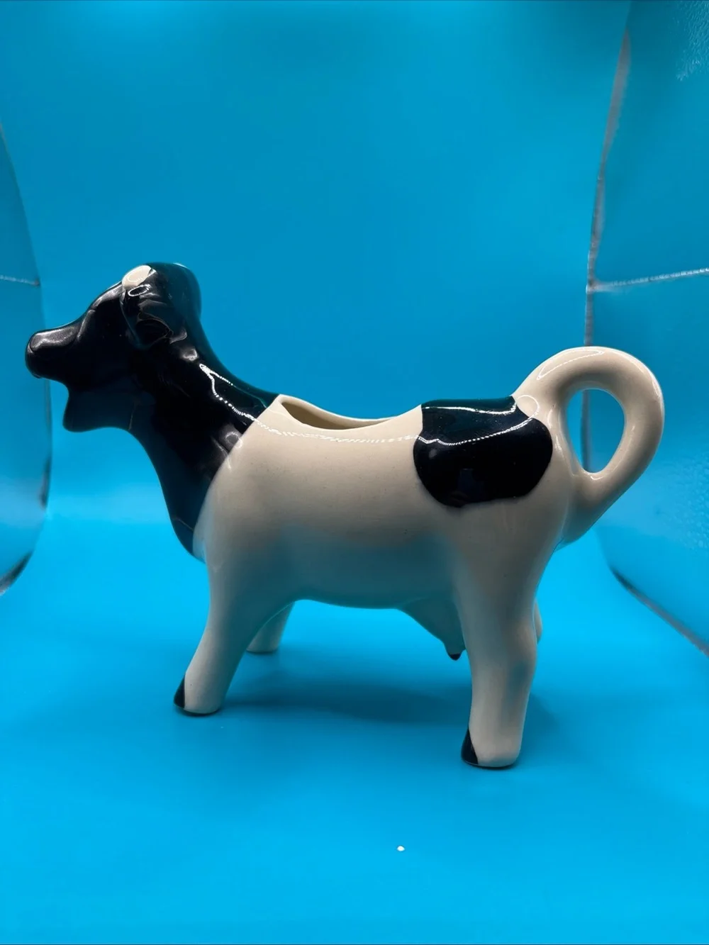 Glossy Black & White Ceramic Cow Creamer Figurine